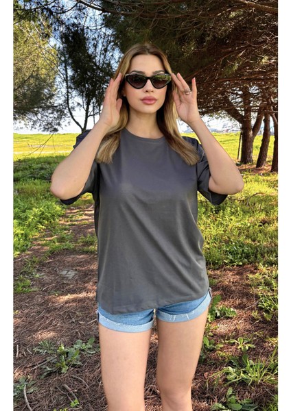 Kadın Baskısız Basic Pamuklu Oversize Tişört