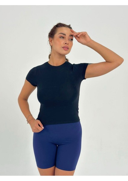 Koyu Lacivert Fitted/vücuda Oturan Crop T-Shirt