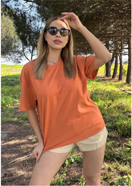 Kadın Baskısız Basic Pamuklu Oversize Tişört