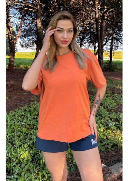 Kadın Baskısız Basic Pamuklu Oversize Tişört