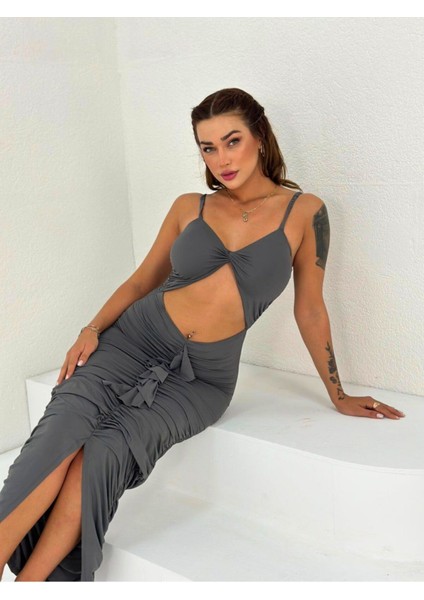 Premium Vücuda Oturan Örme Büzgülü Özel Dekolte Detaylı abiye elbise fırsatları