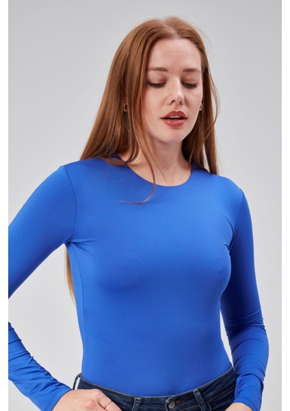 Saks Mavi Astarlı Uzun Kollu Çıtçıtlı Body