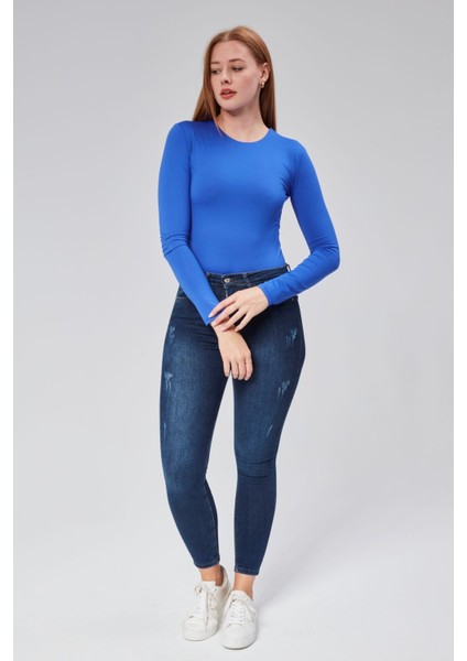 Saks Mavi Astarlı Uzun Kollu Çıtçıtlı Body