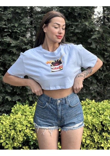 Kadın Mavi Bisiklet Yaka Baskılı Oversize Crop T-Shirt fiyatları