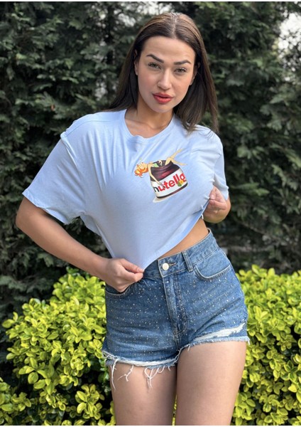 Kadın Mavi Bisiklet Yaka Baskılı Oversize Crop T-Shirt modelleri