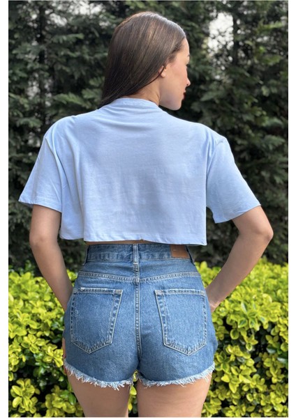 Kadın Mavi Bisiklet Yaka Baskılı Oversize Crop T-Shirt indirimleri