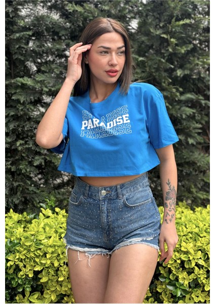 Kadın Mavi Bisiklet Yaka Baskılı Oversize Crop T-Shirt