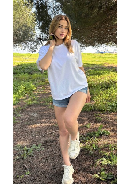 Kadın Baskısız Basic Pamuklu Oversize Tişört