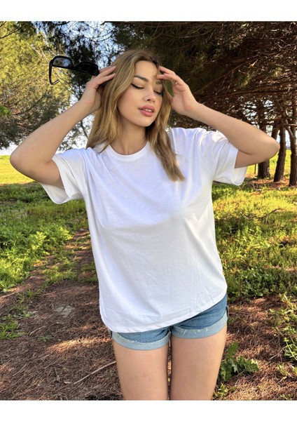 Kadın Baskısız Basic Pamuklu Oversize Tişört
