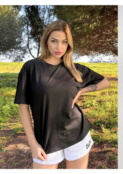 Kadın Baskısız Basic Pamuklu Oversize Tişört