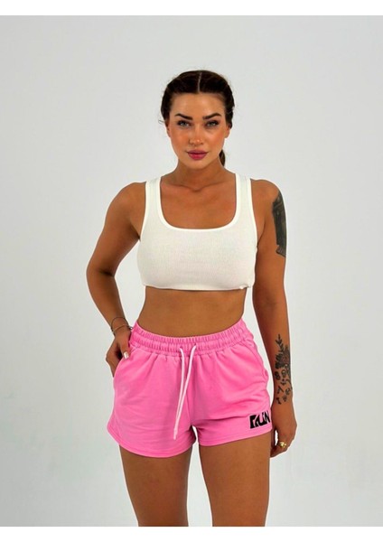 Kadın Beli Lastikli Nakışlı Pembe Şort