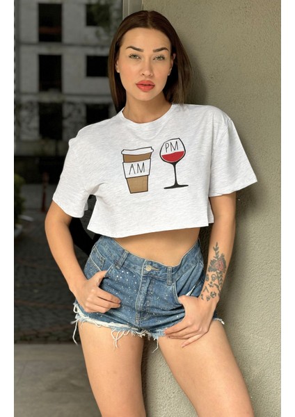 Kadın Gri Bisiklet Yaka Baskılı Oversize Crop T-Shirt