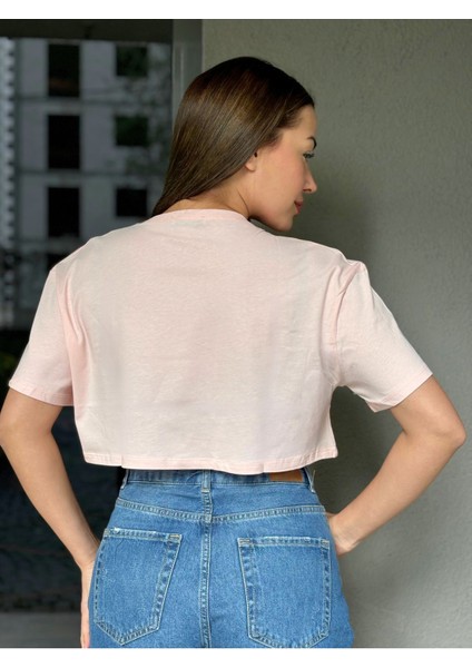 Kadın Pembe Bisiklet Yaka Baskılı Oversize Crop T-Shirt indirimleri