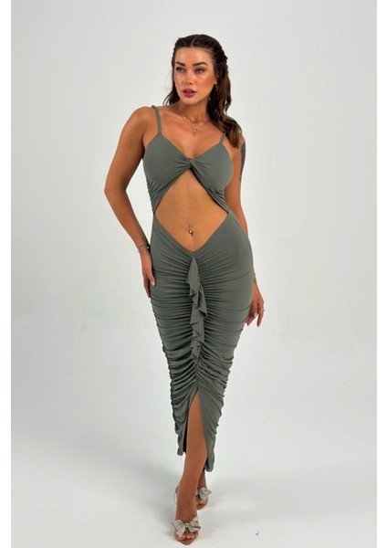 Vücuda Oturan Örme Büzgülü Özel Dekolte Detaylı abiye elbise