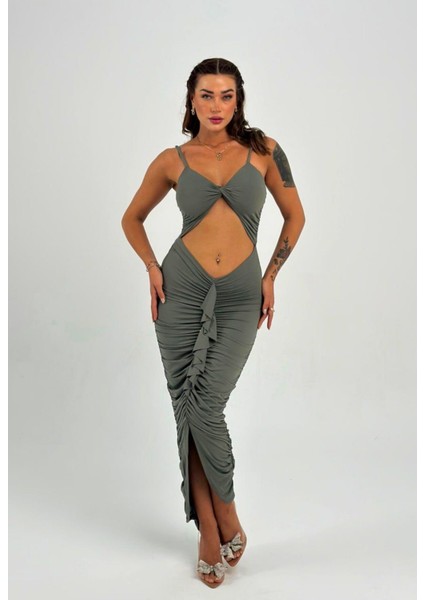 Vücuda Oturan Örme Büzgülü Özel Dekolte Detaylı abiye elbise fiyatları