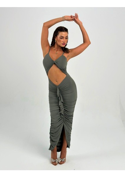 Vücuda Oturan Örme Büzgülü Özel Dekolte Detaylı abiye elbise indirimleri