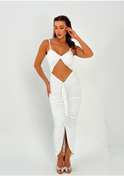 Premium Vücuda Oturan Örme Büzgülü Özel Dekolte Detaylı abiye elbise fiyatları