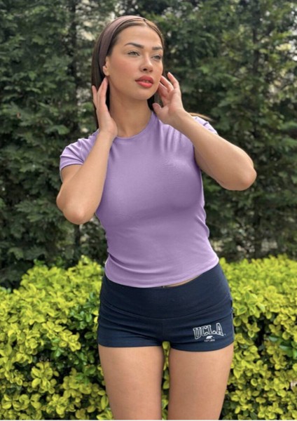 Kadın Lila Fitted/vücuda Oturan Crop T-Shirt