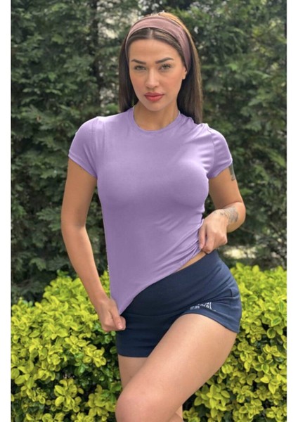 Kadın Lila Fitted/vücuda Oturan Crop T-Shirt