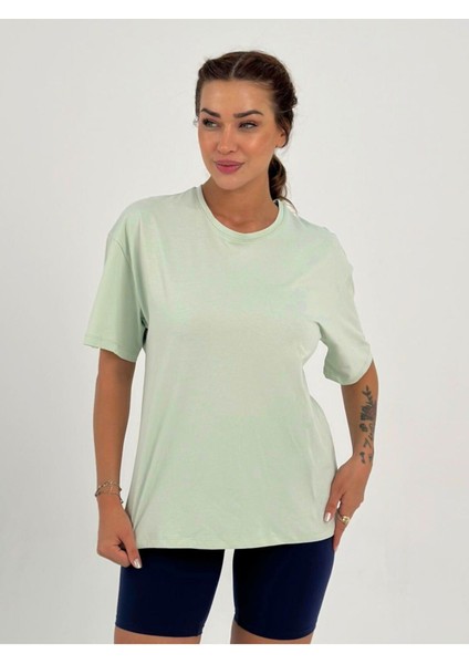 Kadın Su Yeşil Baskısız Basic Pamuklu Oversize T-Shirt