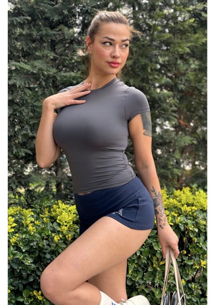 Antrasit Fitted/vücuda Oturan Crop T-Shirt
