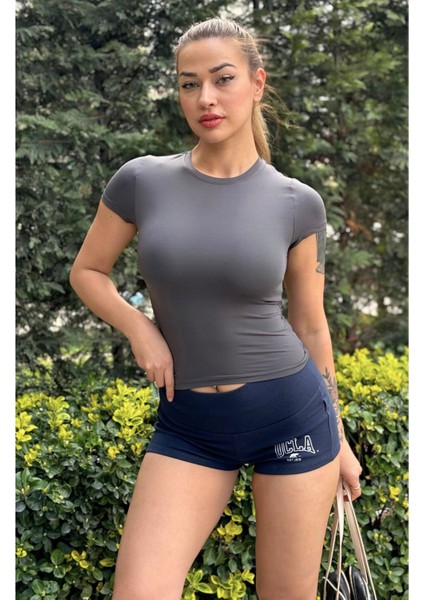 Antrasit Fitted/vücuda Oturan Crop T-Shirt