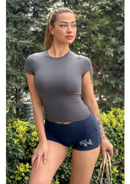 Antrasit Fitted/vücuda Oturan Crop T-Shirt