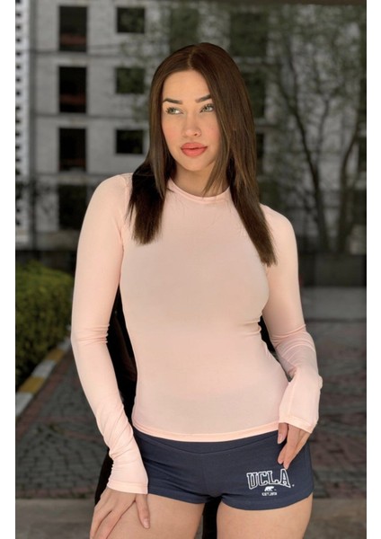 Pembe Örme Basic Bisiklet Yaka Uzun Kollu Slim Fit Kadın Body T-Shirt