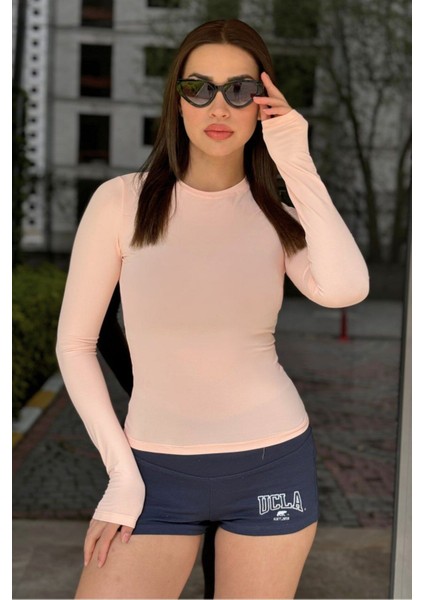 Pembe Örme Basic Bisiklet Yaka Uzun Kollu Slim Fit Kadın Body T-Shirt modelleri
