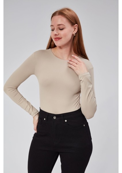 Bej Astarlı Uzun Kollu Çıtçıtlı Body