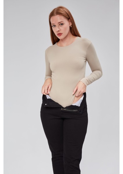 Bej Astarlı Uzun Kollu Çıtçıtlı Body