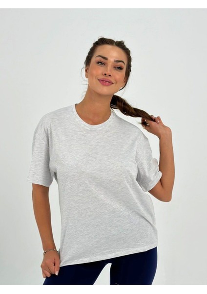 Kadın Gri Baskısız Basic Pamuklu Oversize T-Shirt