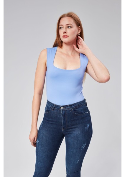 Mavi Astarlı Sıfır Kol Kare Yaka Dekolteli Çıtçıtlı Bodysuit