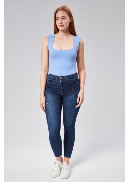 Mavi Astarlı Sıfır Kol Kare Yaka Dekolteli Çıtçıtlı Bodysuit