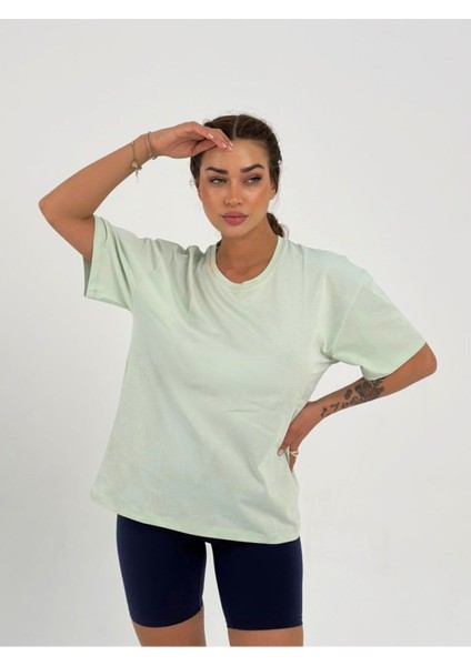 Kadın Su Yeşil Baskısız Basic Pamuklu Oversize T-Shirt modelleri