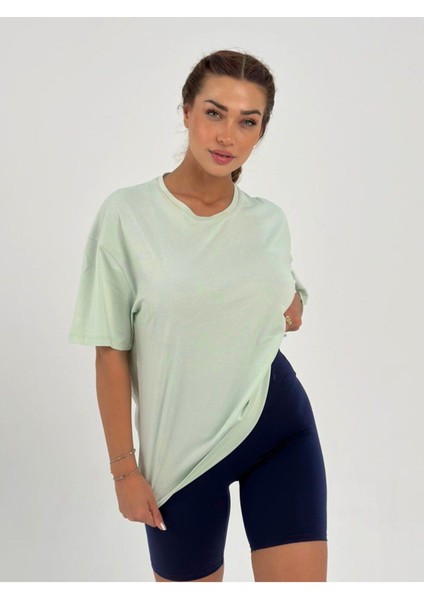 Kadın Su Yeşil Baskısız Basic Pamuklu Oversize T-Shirt fırsatları