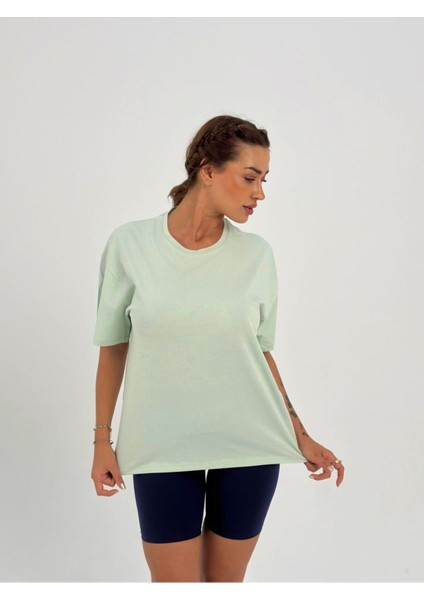 Kadın Su Yeşil Baskısız Basic Pamuklu Oversize T-Shirt indirimleri