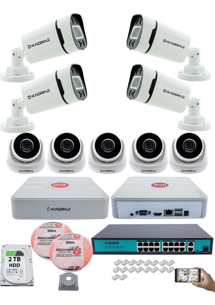 Ip Güvenlik Kamera Seti - 5 iç Mekan Ip Kamera, 4 Dış Mekan Ip Kamera, 2tb H.d.d, 16 kanal Nvr, Gece Görüş, Uzaktan Izleme, Hareket Tabiki, Insan Tes