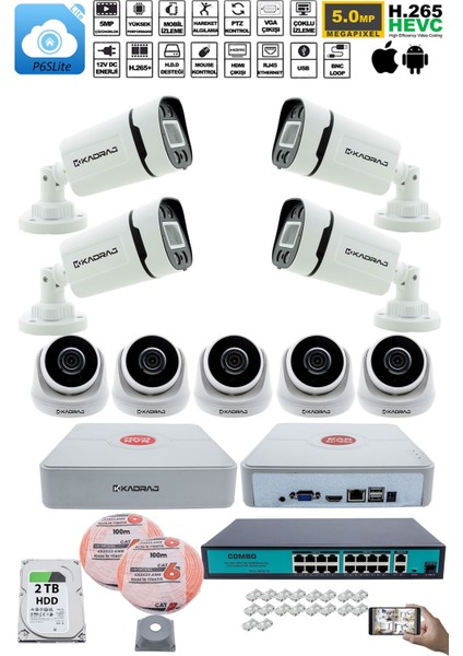 Ip Güvenlik Kamera Seti - 5 iç Mekan Ip Kamera, 4 Dış Mekan Ip Kamera, 2tb H.d.d, 16 kanal Nvr, Gece Görüş, Uzaktan Izleme, Hareket Tabiki, Insan Tes