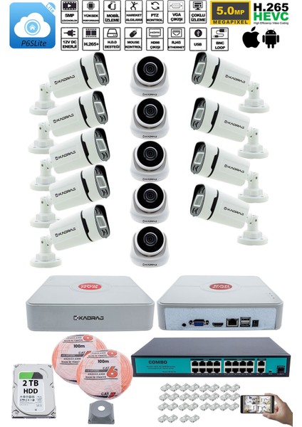 Ip Güvenlik Kamera Seti - 5 iç Mekan Ip Kamera, 9 Dış Mekan Ip Kamera, 2tb H.d.d, 16 kanal Nvr, Gece Görüş, Uzaktan Izleme, Hareket Tabiki, Insan Tes