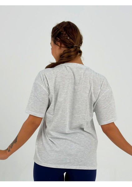 Kadın Gri Baskısız Basic Pamuklu Oversize T-Shirt