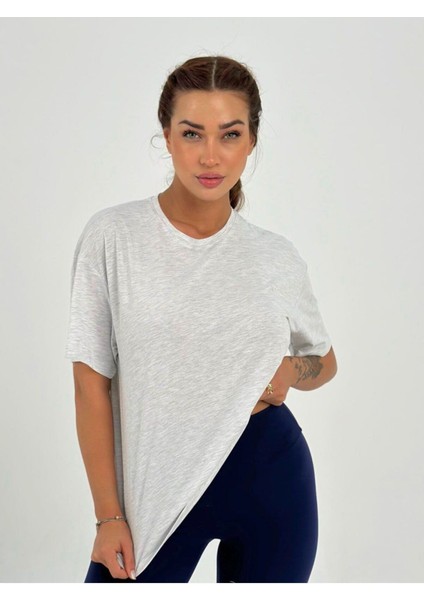 Kadın Gri Baskısız Basic Pamuklu Oversize T-Shirt