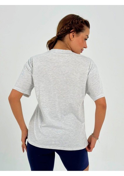 Kadın Gri Baskısız Basic Pamuklu Oversize T-Shirt