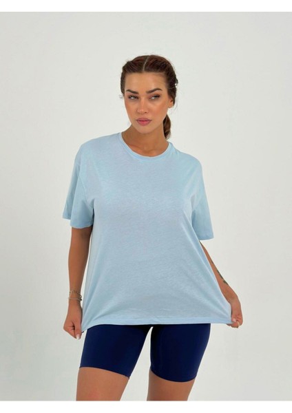 Kadın Bebe Mavisi Baskısız Basıc Pamuklu Oversize T-Shirt