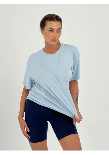 Kadın Bebe Mavisi Baskısız Basıc Pamuklu Oversize T-Shirt