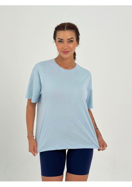 Kadın Bebe Mavisi Baskısız Basıc Pamuklu Oversize T-Shirt