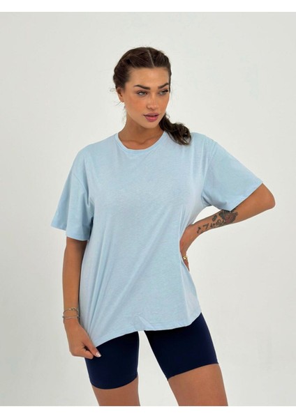 Kadın Bebe Mavisi Baskısız Basıc Pamuklu Oversize T-Shirt