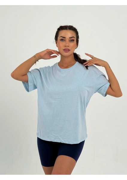 Kadın Bebe Mavisi Baskısız Basıc Pamuklu Oversize T-Shirt