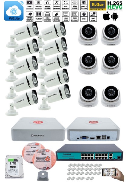 Ip Güvenlik Kamera Seti - 6 iç Mekan Ip Kamera, 10 Dış Mekan Ip Kamera, 2tb H.d.d, 16 kanal Nvr, Gece Görüş, Uzaktan Izleme, Hareket Tabiki, Insan Tes