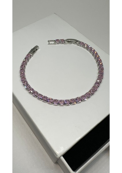 Gümüş Pırlanta Montür 4mm Pembe Taş Suyolu Bileklik 15+3cm fiyatları